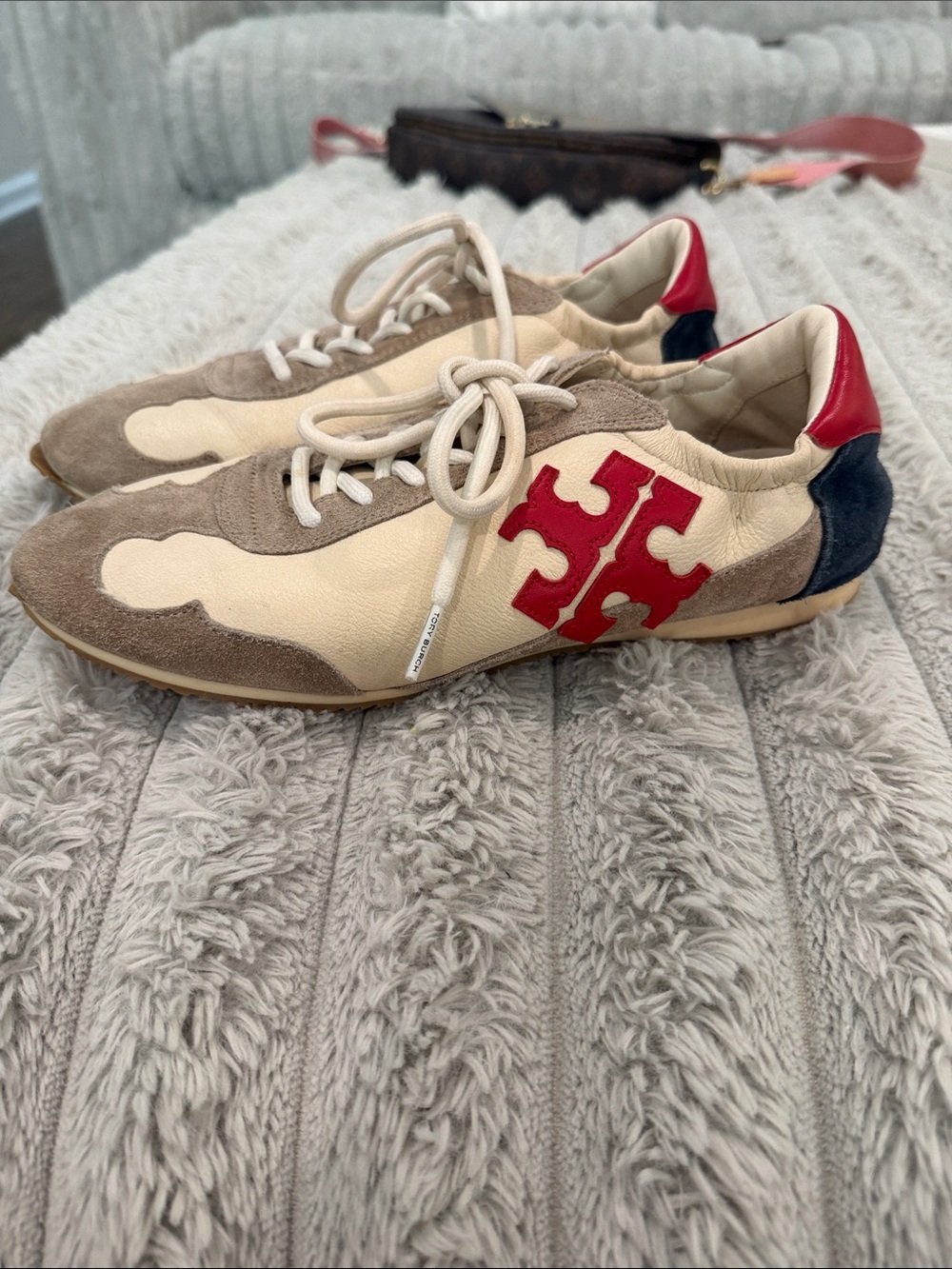 Tory Burch Women’s Cream, Tan & Red Leather Sneakers